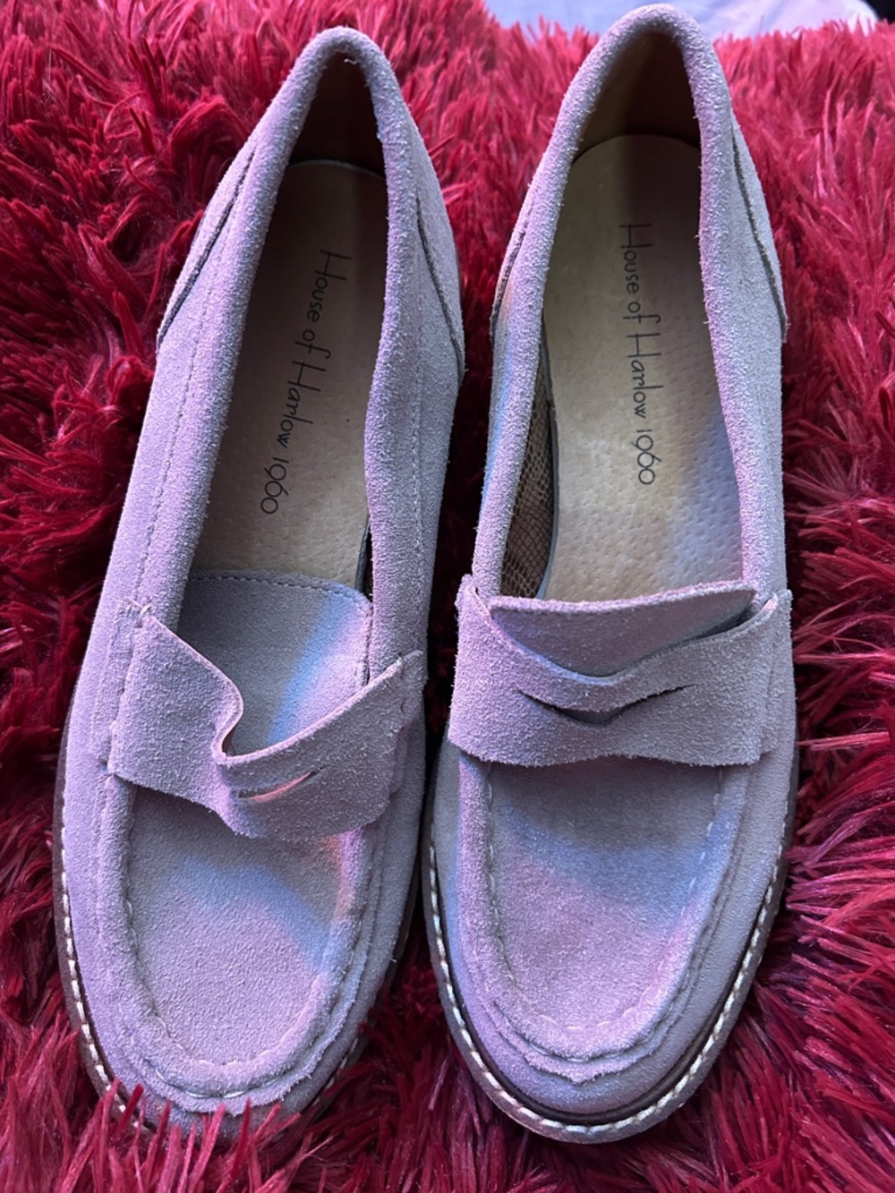 House of Harlow 1960 Gray Suede Penny Loafers